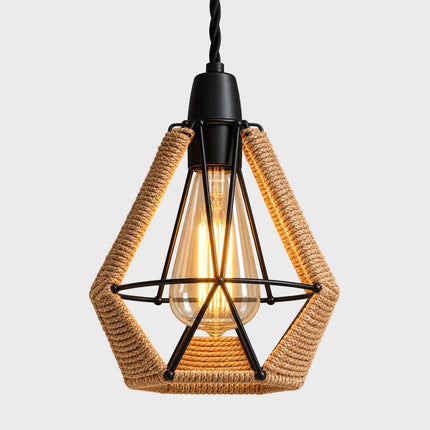 Ropeworks Diamond Hemp Rope Lampshade - Black Metal Cage Light Shade