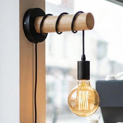 Oakley Wooden Plug In Wall Light with 4m Cord - Bedroom Bedside Home Lighting