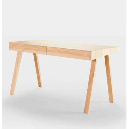 Natural ash wooden desk with two drawers on a white background
