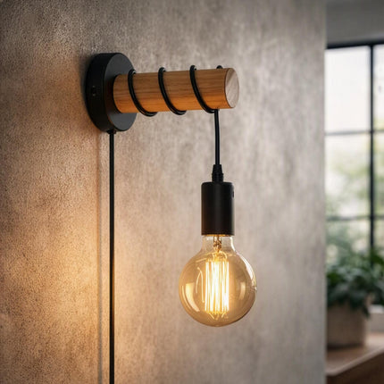 Oakley Wooden Plug In Wall Light with 4m Cord - Bedroom Bedside Home Lighting