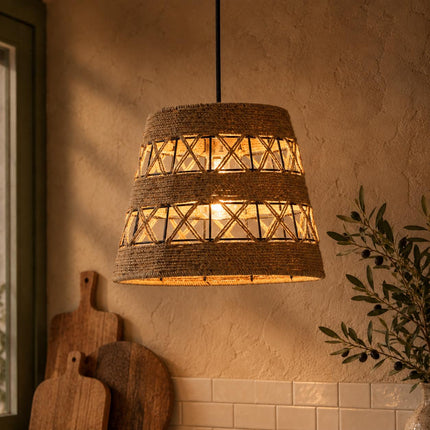 Ropeworks Drum Hemp Rope Pendant Light - Rustic Boho Hanging Light