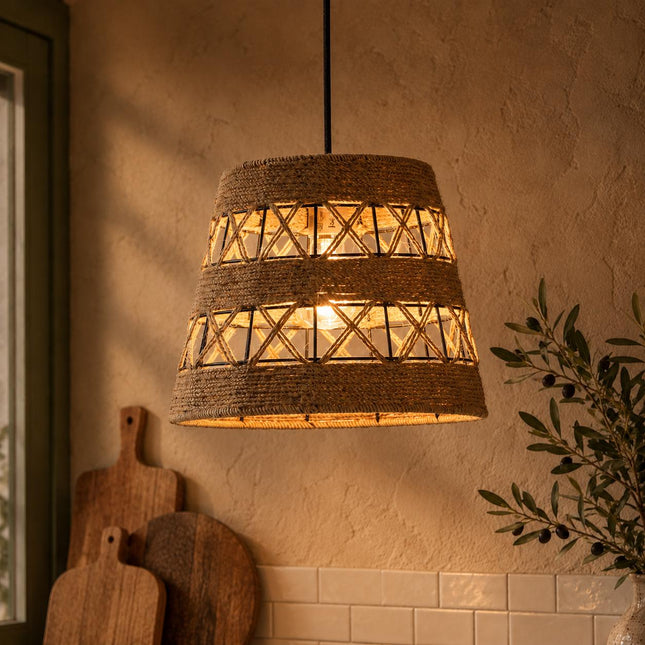 Ropeworks Drum Hemp Rope Pendant Light - Rustic Boho Hanging Light