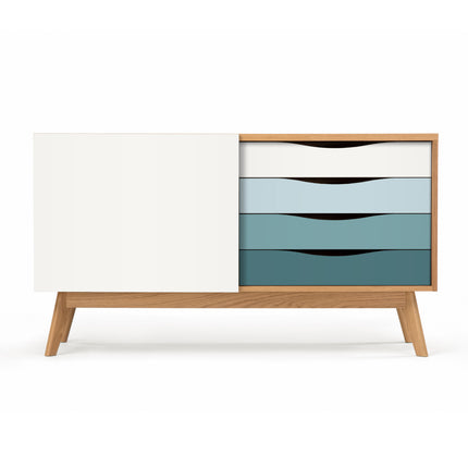 Modern oak sideboard with white, blue, and wooden design on a white background