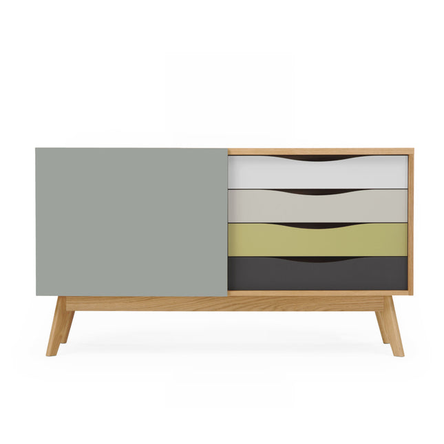 Modern sideboard with a combination of gray, white, and green drawers on a white background