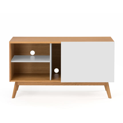 Wooden sideboard with a white panel on a white background