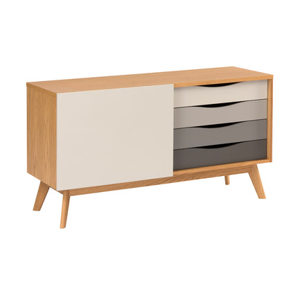 Wooden sideboard with white and grey drawers on a white background