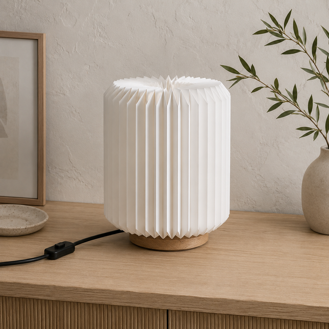 Origami Wood and Paper Table Lamp – Minimalist Bedside Light, Accent Lighting, Paper Desk Lamp