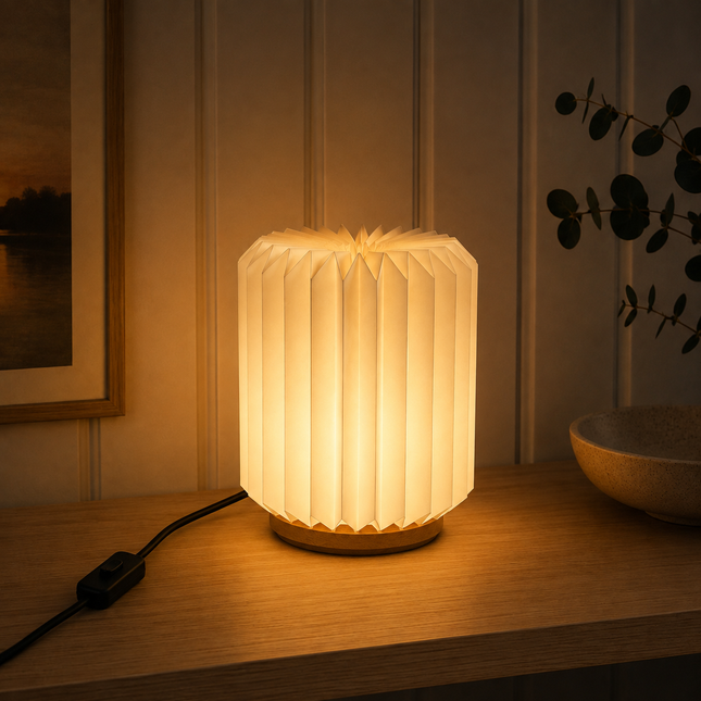 Origami Wood and Paper Table Lamp – Minimalist Bedside Light, Accent Lighting, Paper Desk Lamp