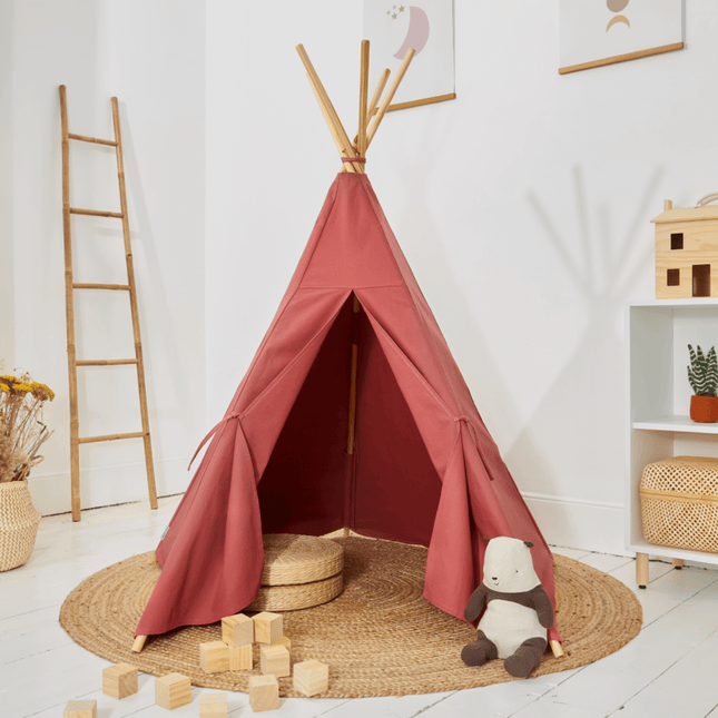 rose pink tipi with doors open in kids bedroom
