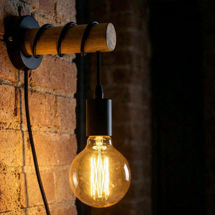 Oakley Wooden Plug In Wall Light with 4m Cord - Bedroom Bedside Home Lighting