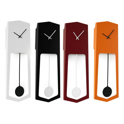 Four wall clocks in different colors with pendulums on a white background