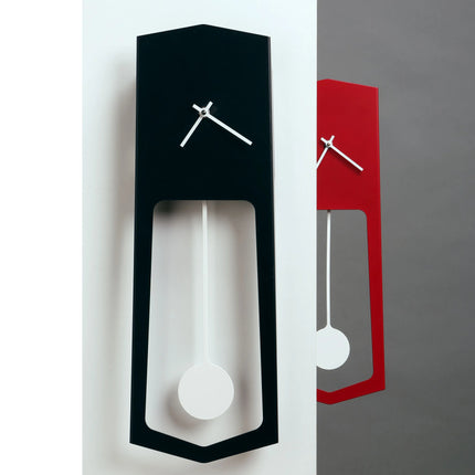 unique wall clocks, one black and one red, on a white and gray background.