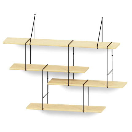 Wooden shelves with black hanging brackets on a white background