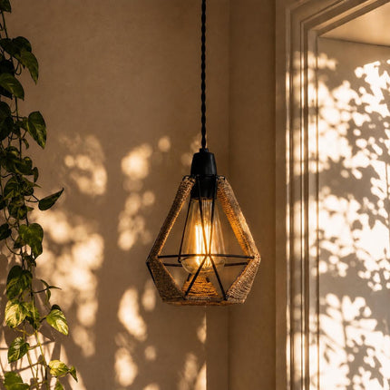 Ropeworks Diamond Hemp Rope Lampshade - Black Metal Cage Light Shade