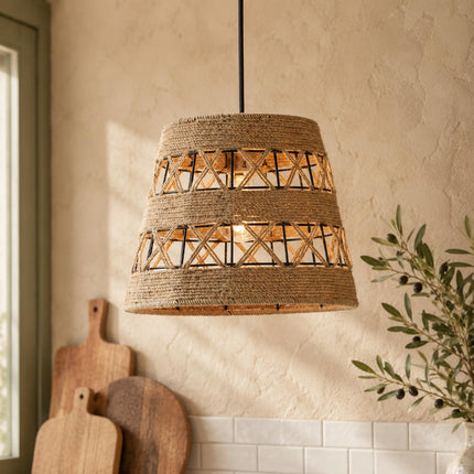 Ropeworks Drum Hemp Rope Pendant Light - Rustic Boho Hanging Light