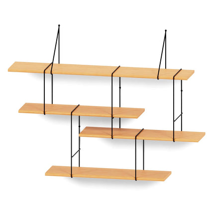 Wooden link shelves made from solid Beech wood connected together with black hanging metal links on a white background