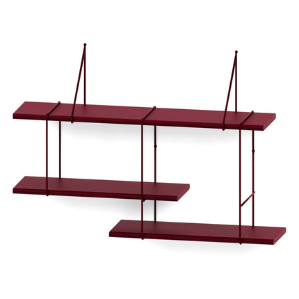 wooden oak shelf painted in dark red hanging on a white background