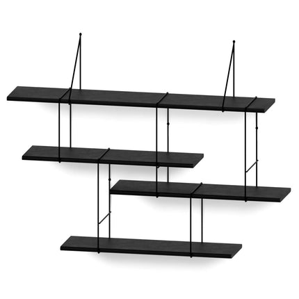 Black wall-mounted shelving unit with multiple shelves on a white background