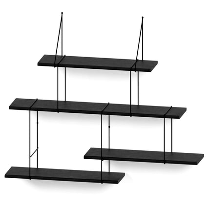 Black solid oak wall-mounted shelves with thin metal brackets on a white background