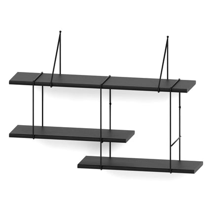 wooden oak shelf painted in black hanging on a white background
