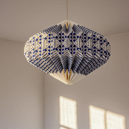 Blue Pattern Origami Diamond Lampshade hanging with light off