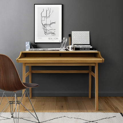 Wooden vintage sixties desk with a chair against a grey wall with a framed map of New York