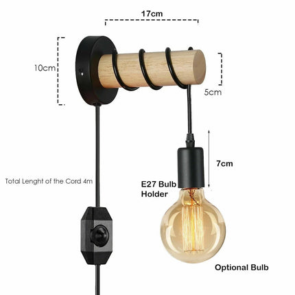 Oakley Wooden Plug In Wall Light with 4m Cord - Bedroom Bedside Home Lighting