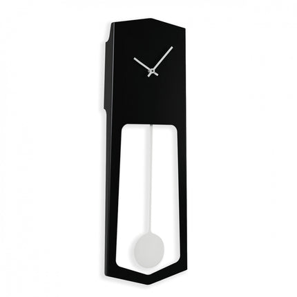 Black wall clock with a pendulum on a white background