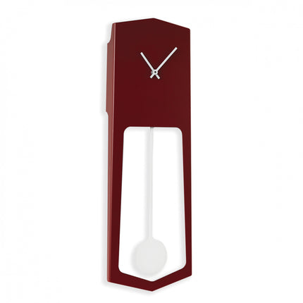 Maroon wall clock with a white pendulum on a white background