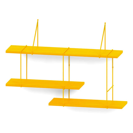 wooden oak shelf painted in yellow hanging on a white background