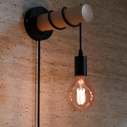 Oakley Wooden Plug In Wall Light with 4m Cord - Bedroom Bedside Home Lighting