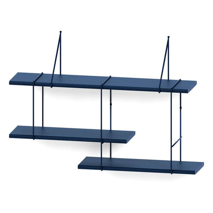 wooden oak shelf painted in blue hanging on a white background