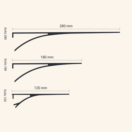 Dimensions of metal wall shelves. measurements in millimeters on a beige background