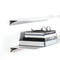 Stack of books on a white metal shelf with a white background