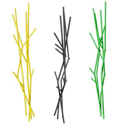 Three sets of decorative wall cota hangers in yellow, black, and green on a white background