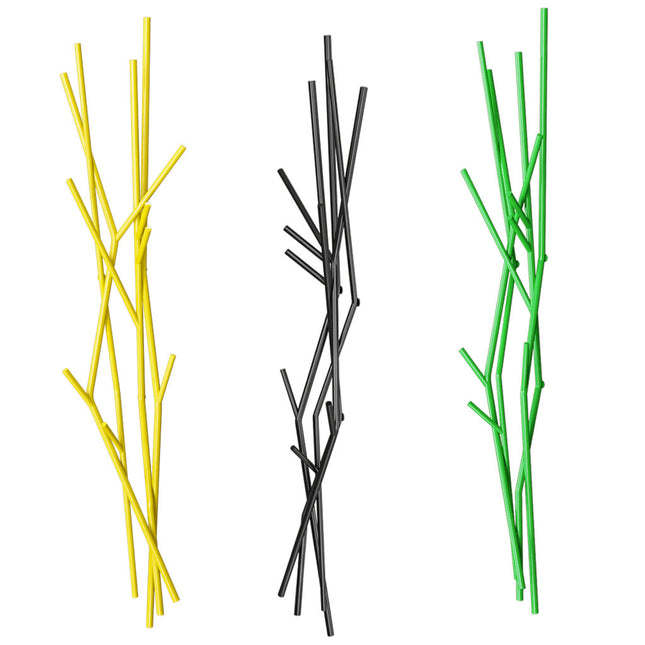 Three sets of decorative wall cota hangers in yellow, black, and green on a white background