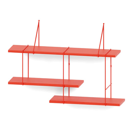 wooden oak shelf painted in lobster pink hanging on a white background