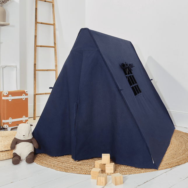midnight blue a frame play tent in kids bedroom with closed flaps