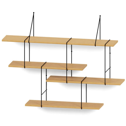 Wooden oak shelves with black metal straps on a white background