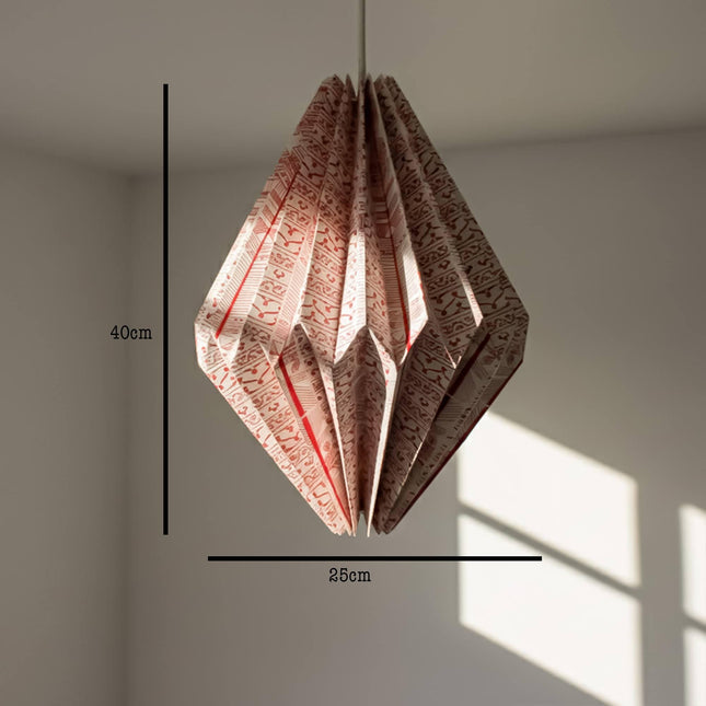 Red origami lampshade showing diemensions