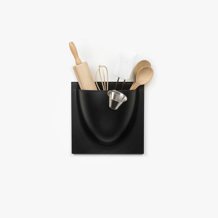 Black vertiplants plant pot and storage container with kitchen utensils on a white background