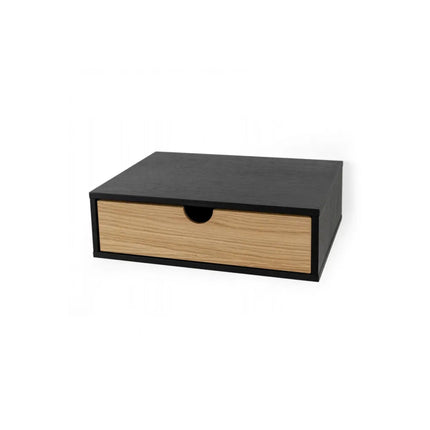 Black and wooden wall mounted nightstand drawer unit on a white background