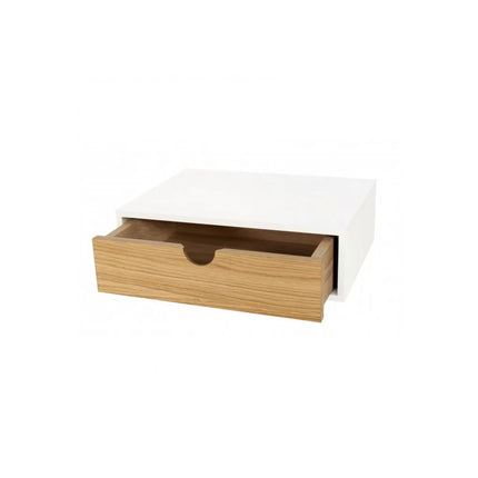 White wall-mounted night stand with a wooden drawer on a white background