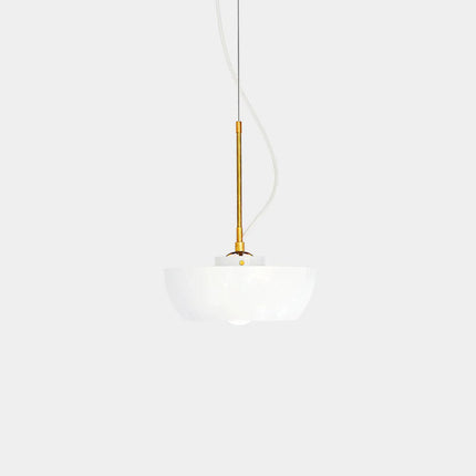 Modern pendant light with gold fixture on a white background