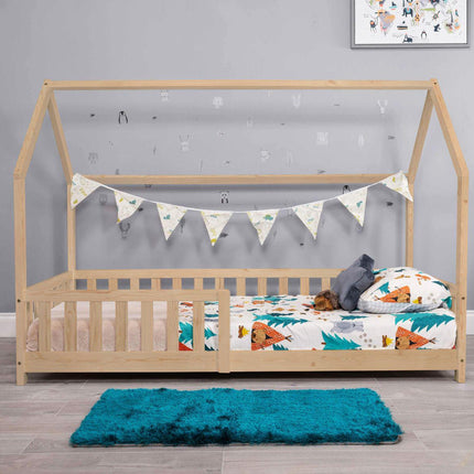 wooden house bed in natural pine