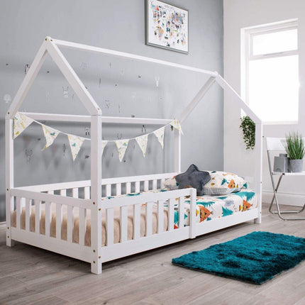 kids house bed with rail painted in white