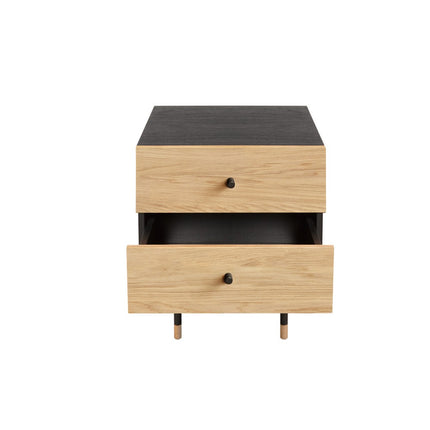 Wooden nightstand with two drawers on a white background