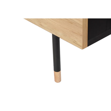 Close-up of a table leg with wooden top and black metal leg on a white background