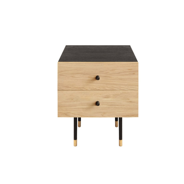 Wooden nightstand with a black top on a white background