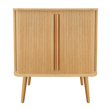 Wooden highboard cabinet with slatted tambour doors on a white background